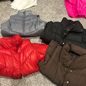 Puffer Jackets in Red, Black, Gray, and Brown